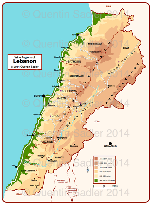 carte des régions viticoles au Liban 